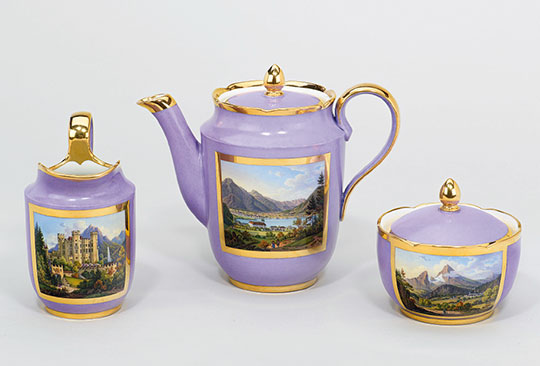 Teile eines Kaffeeservices mit Veduten von Oberbayern, um 1847/50