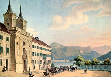 Historische Ansicht des Schloss Tegernsee mit Bergen im Hintergrund