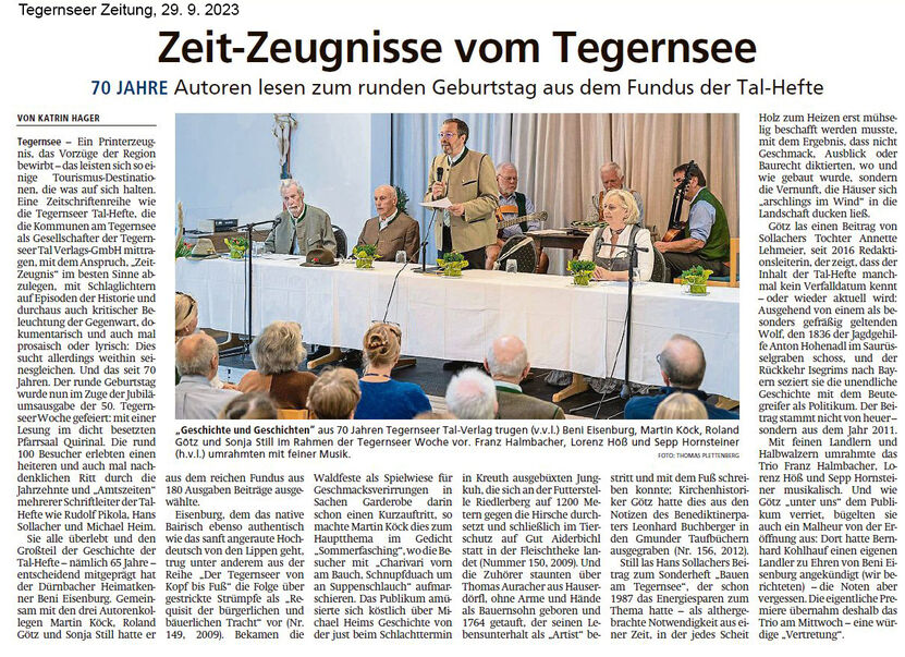 Bericht der Tegernseer Zeitung vom 29.09.2023 über die Autorenlesung des Tegernseer Tal Verlags