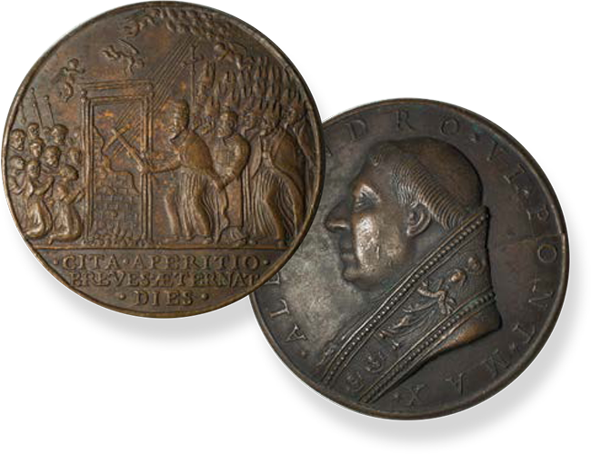 Bronze-Medaillen von Girolamo Paladino: Paspt Alexander VI. bei der Öffnung der Heiligen Pforte in Rom zum Heligen Jahr 1500
